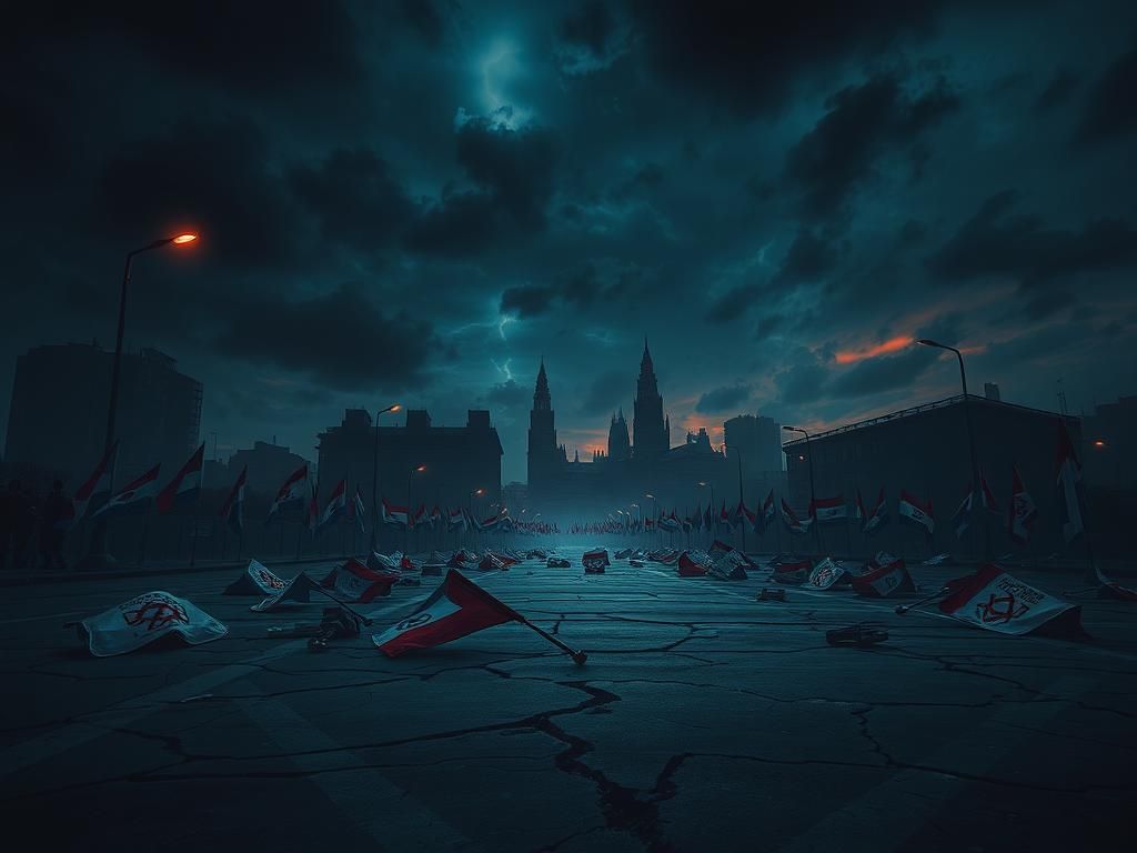 Flick International Dark stormy sky over a tumultuous cityscape with torn flags and protest signs