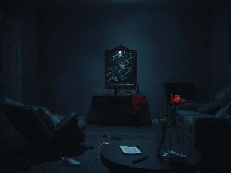 Flick International Dimly lit living room with overturned chair, representing chaos and fear in a domestic setting