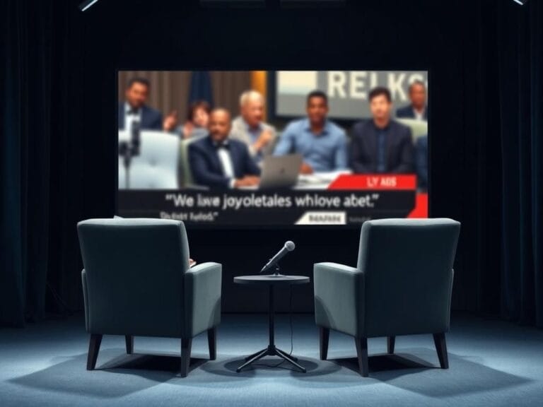 Flick International Tense and dramatic empty television studio set representing a confrontational interview