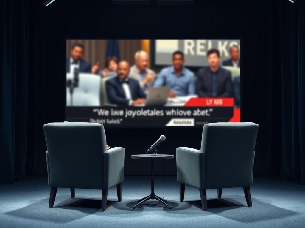 Flick International Tense and dramatic empty television studio set representing a confrontational interview