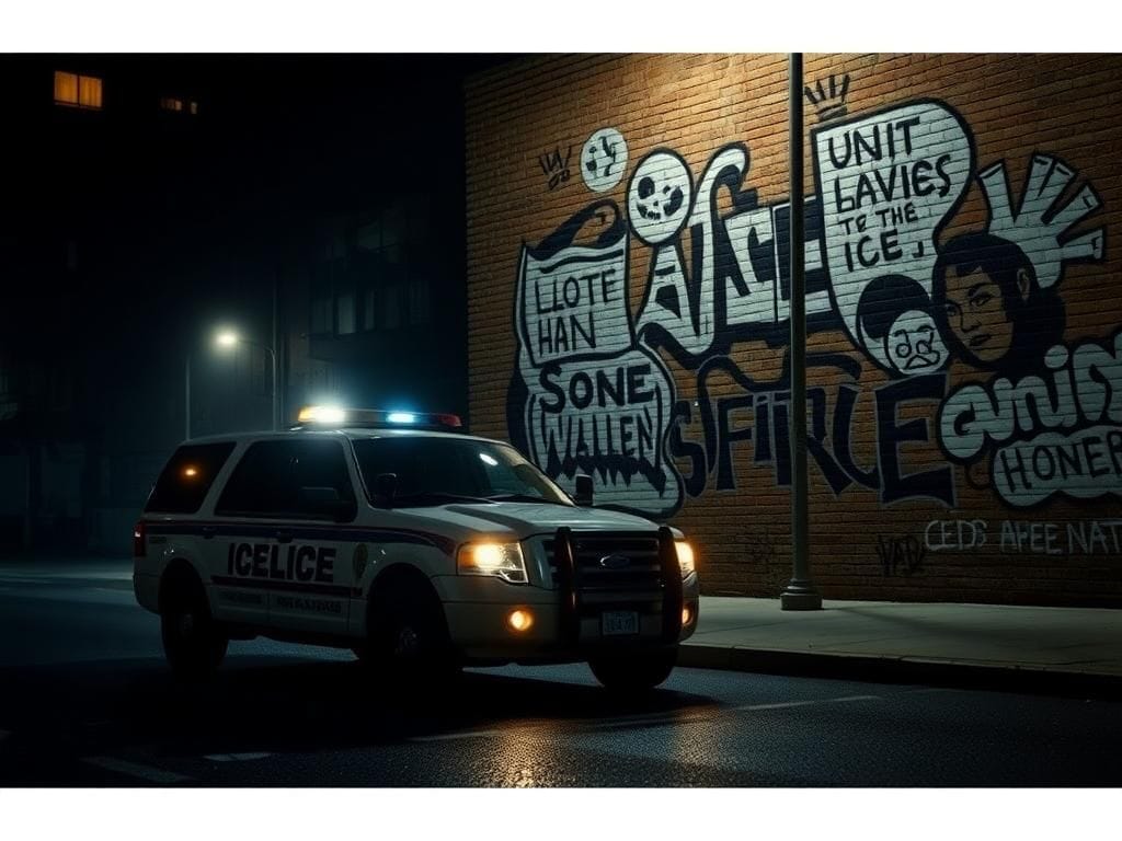 Flick International Dimly lit urban scene depicting the ICE mask debate with unmarked law enforcement vehicle and graffiti art