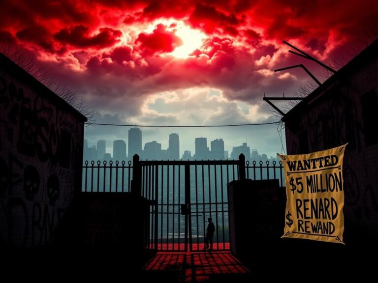 Flick International Dark landscape depicting the influence of organized crime in Venezuela with shadowy prison gates and graffiti