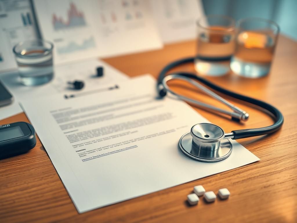 Flick International Close-up view of a medical note on a polished desk with a stethoscope and health evaluation items
