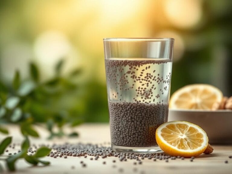 Flick International Close-up of chia seeds soaking in water with a gel-like texture and a lemon slice