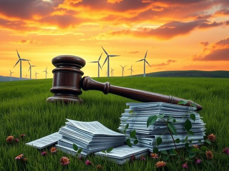 Flick International A large, ancient gavel half-buried in green grass symbolizing the connection between law and environmental activism.