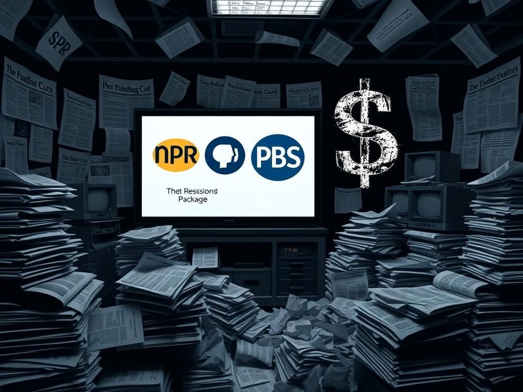 Flick International Darkened newsroom with stacked newspapers and broadcast equipment highlighting NPR and PBS logos
