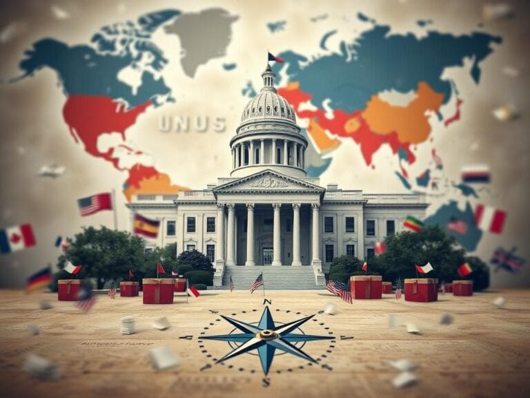 Flick International A government building representing the U.S. State Department with a world map backdrop and election elements.