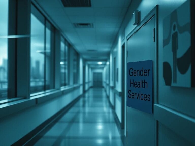 Flick International A somber hospital corridor with a closed door marked 'Gender Health Services'