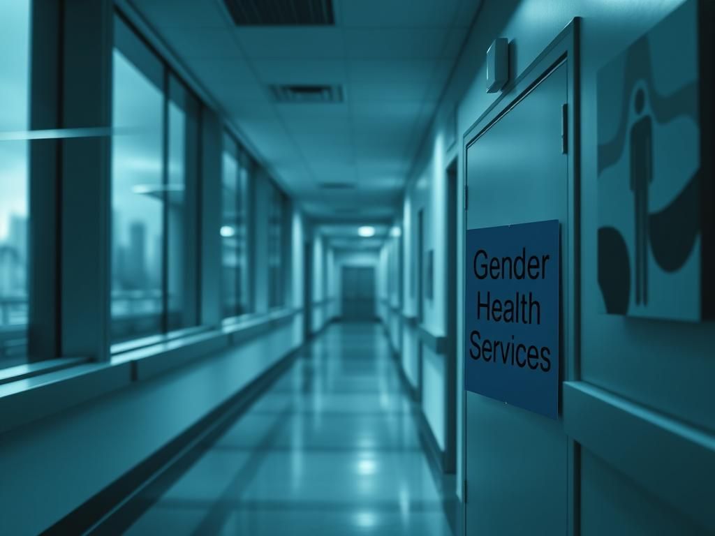 Flick International A somber hospital corridor with a closed door marked 'Gender Health Services'