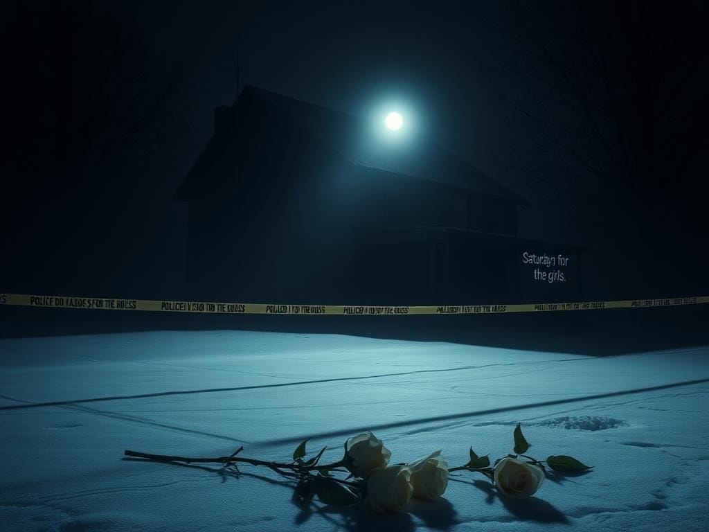 Flick International Dark and somber nighttime view of 1122 King Road, Moscow, Idaho, featuring police barricade tape and memorial roses