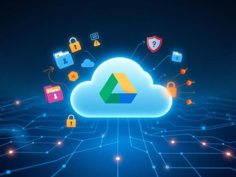 Flick International A secure cloud storage environment featuring a stylized Google Drive icon surrounded by security motifs.