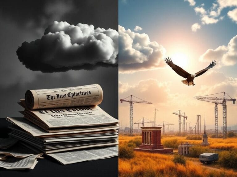 Flick International A split-scene image contrasting dark clouds representing the Epstein controversy and a bright landscape symbolizing economic achievements.