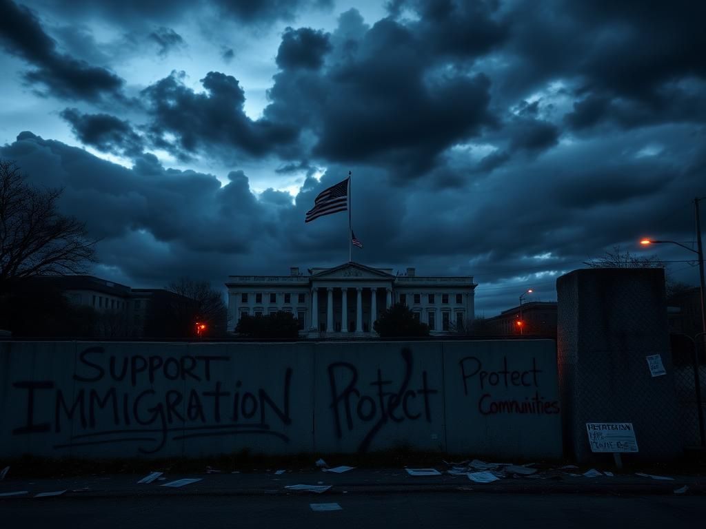 Flick International Dark urban landscape at dusk with government building and American flag