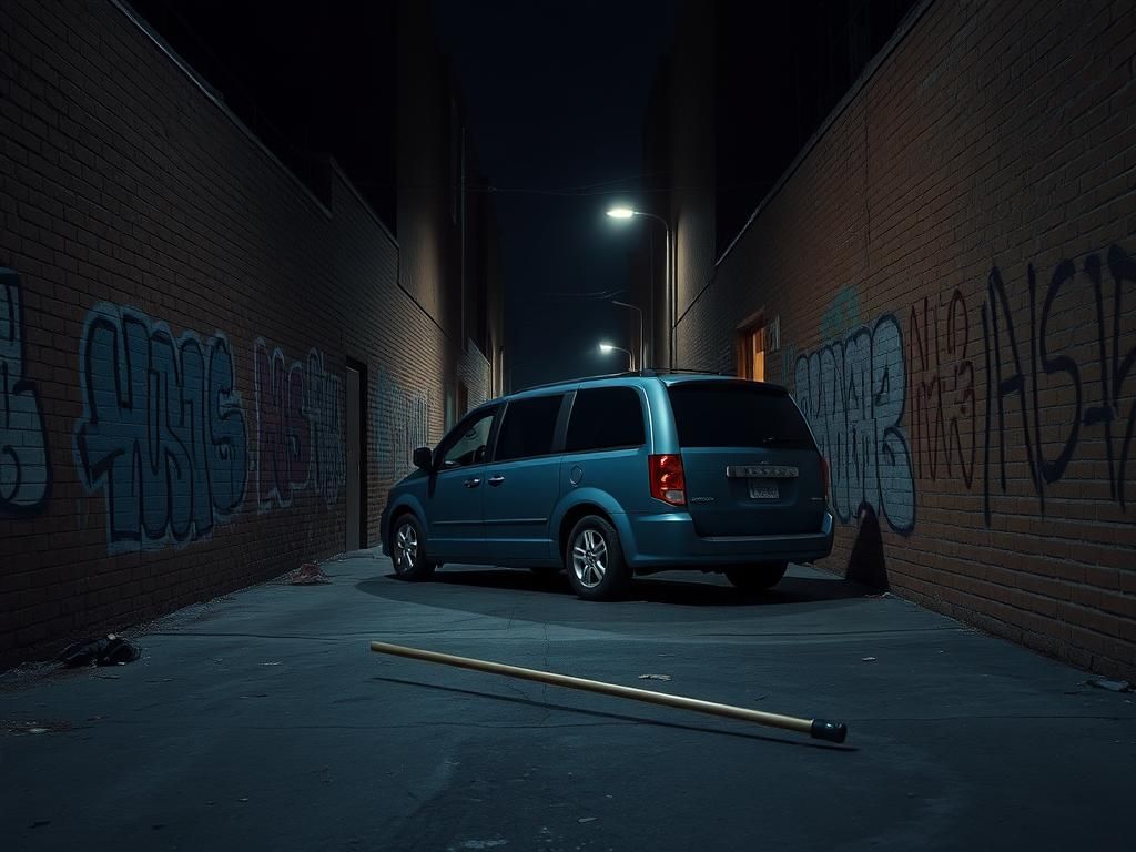 Flick International Dark urban alleyway in Hyattsville, Maryland with graffiti and a parked blue Dodge Caravan indicating a recent crime scene