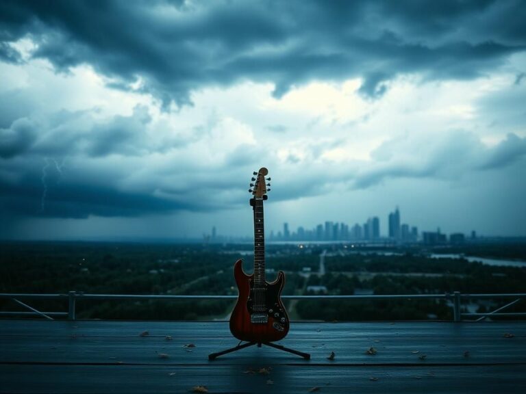Flick International Empty concert stage with a weathered guitar, symbolizing a canceled performance due to stormy weather