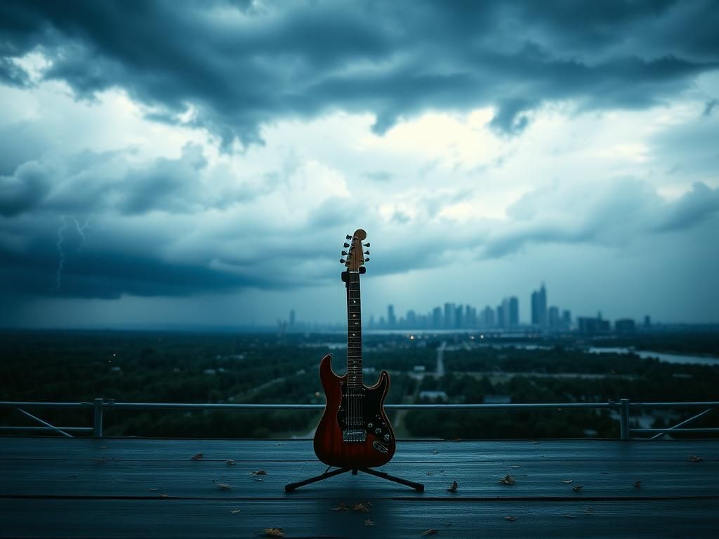 Flick International Empty concert stage with a weathered guitar, symbolizing a canceled performance due to stormy weather