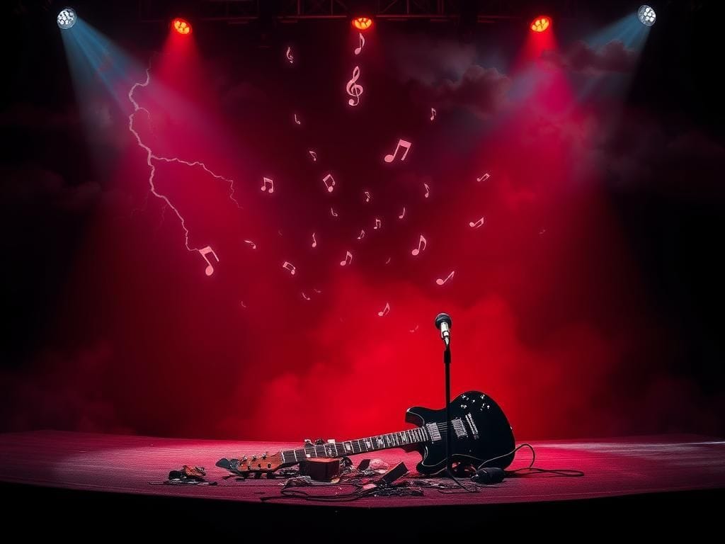 Flick International Dimly lit concert stage featuring a broken guitar and shattered microphone stand symbolizing chaos and turmoil.