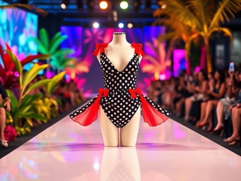 Flick International Black and white polka dot bathing suit with red bows elegantly draped on an invisible form on a vibrant Miami runway