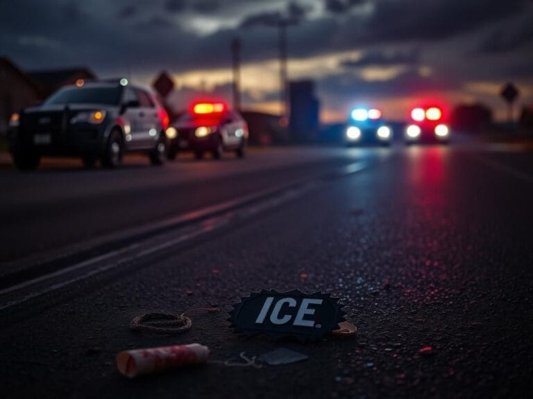 Flick International Crumpled ICE badge and bloodied bandage on a deserted Oklahoma street after a violent incident
