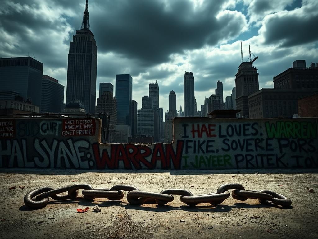 Flick International Urban landscape of New York City with iconic skyline and graffiti wall representing social movements