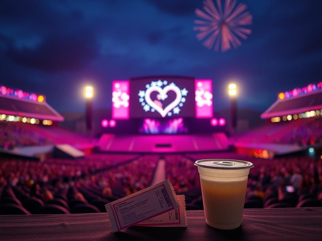 Flick International Vibrant outdoor concert scene at night with a couple on the jumbotron during a Coldplay concert