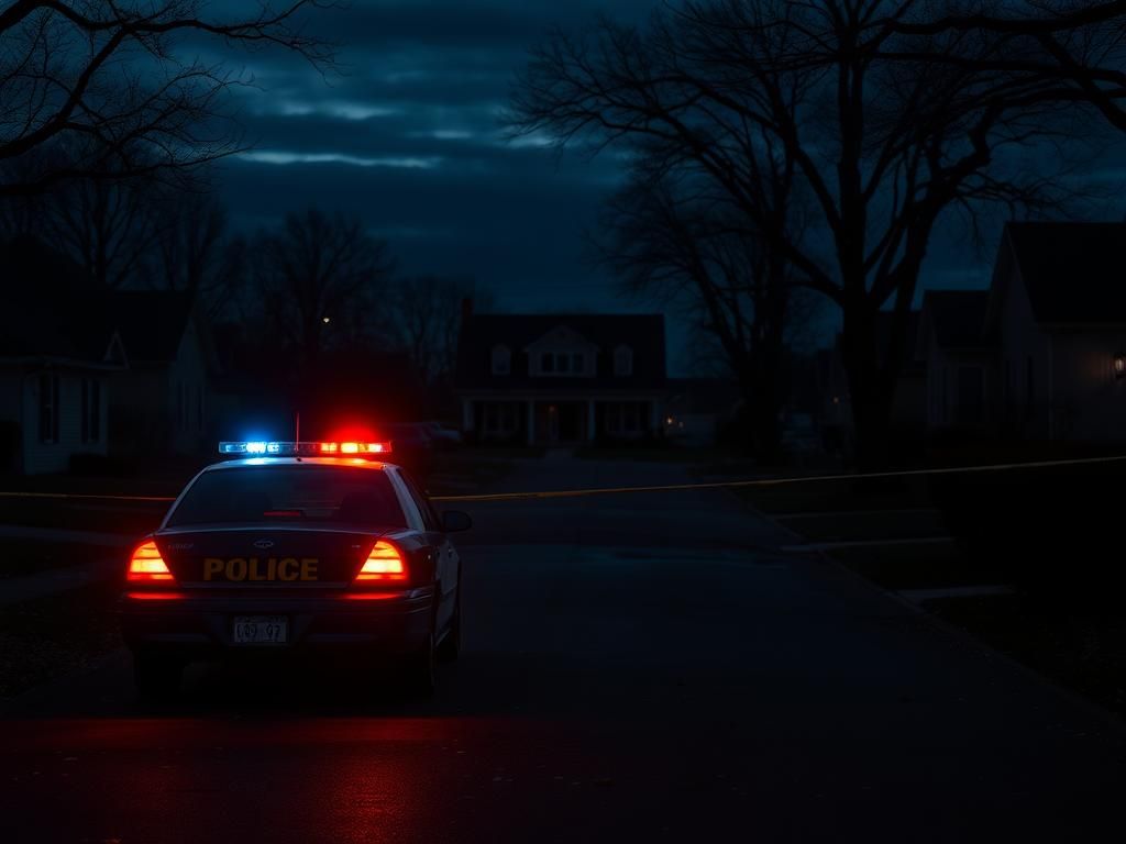Flick International Police car with flashing lights at the scene of a deputy ambush in a quiet neighborhood