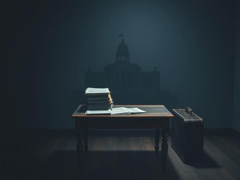 Flick International Dimly lit room with a wooden table surrounded by legal documents and a suitcase, symbolizing legal battles over abortion funding.