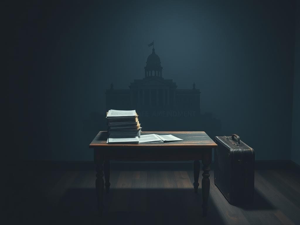 Flick International Dimly lit room with a wooden table surrounded by legal documents and a suitcase, symbolizing legal battles over abortion funding.