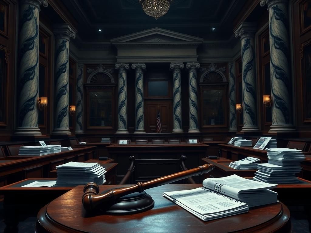 Flick International Grand Senate chamber with wooden desks and financial documents depicting government spending process