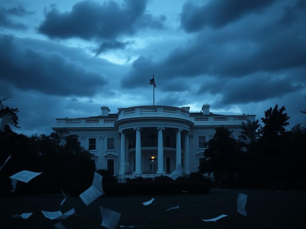 Flick International Exterior view of the White House at dusk with dark clouds overhead