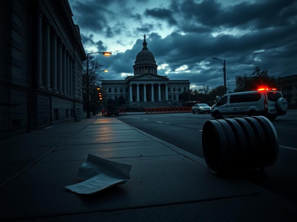 Flick International Urban street scene at dusk depicting chaos and neglect related to immigration issues