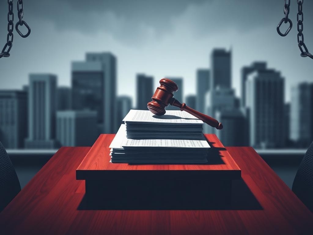 Flick International Abstract representation of a corporate office with legal documents and gavel