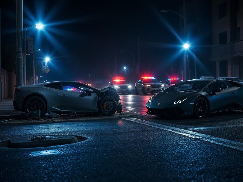 Flick International Wrecked gray car and damaged Lamborghini at night on a dark urban street after a crash