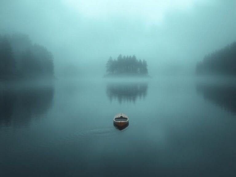 Flick International Empty paddleboard on foggy Crawford Pond, surrounded by shadowy woods