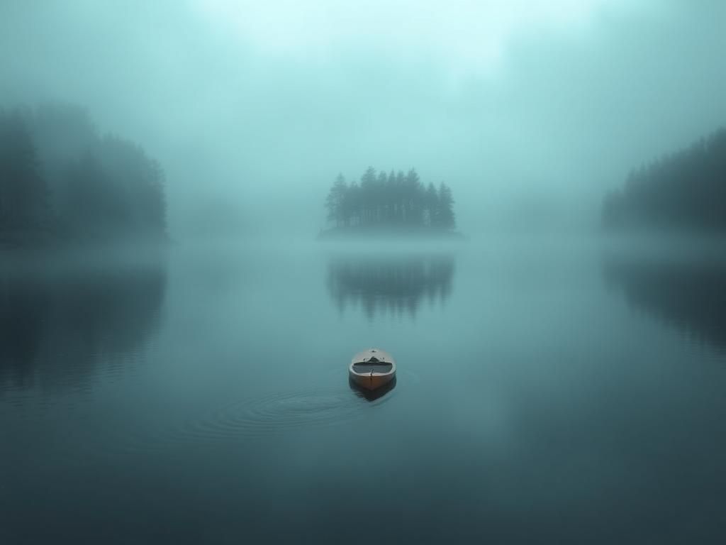 Flick International Empty paddleboard on foggy Crawford Pond, surrounded by shadowy woods