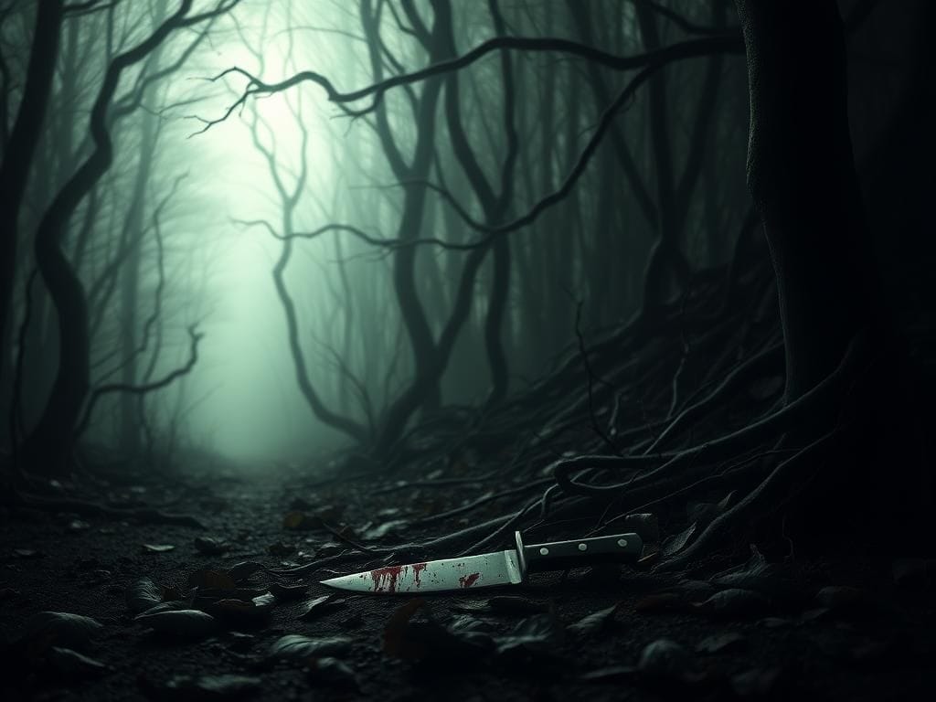 Flick International Dimly lit forest with twisted trees and a blood-stained knife symbolizing the Slender Man attack