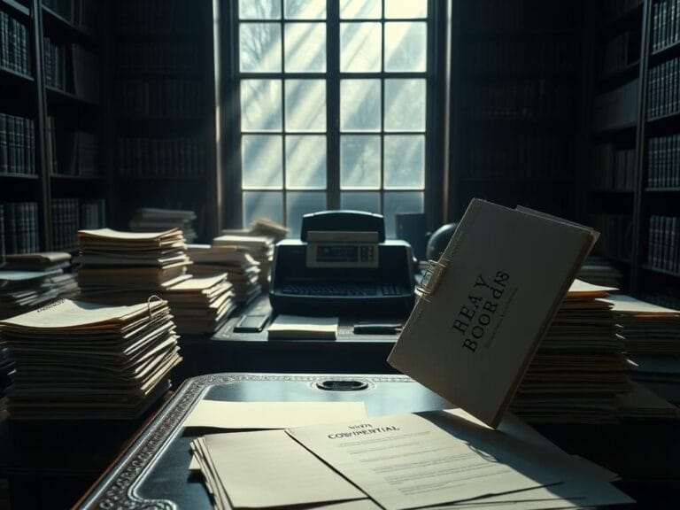 Flick International Vintage desk cluttered with documents and a high-tech autopen machine, suggesting investigation of Biden's health records.