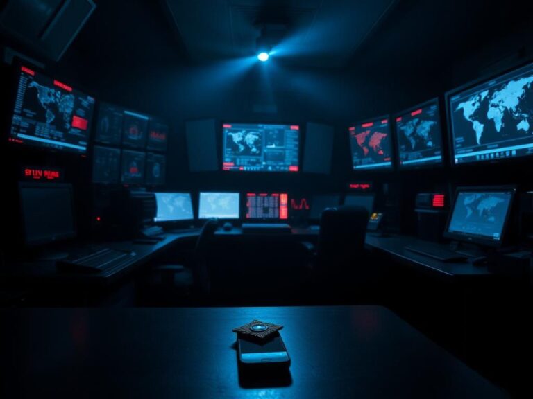 Flick International Dimly lit control room filled with high-tech broadcasting equipment and ominous warning symbols