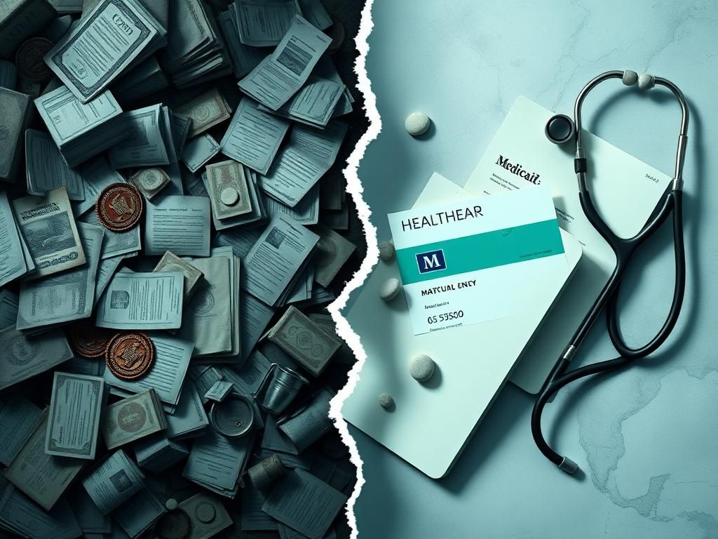 Flick International A stark contrast between government bureaucracy and healthcare in a divided image.