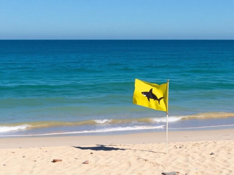 Flick International Serene beach landscape at Cedar Beach on Bailey Island, Maine, with shark warning flags fluttering