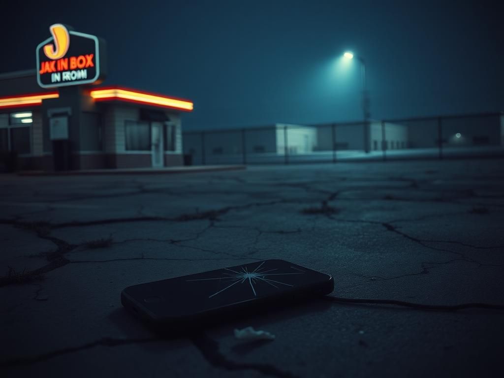 Flick International Empty parking lot with overgrown weeds and a cracked phone symbolizing neglect and deception