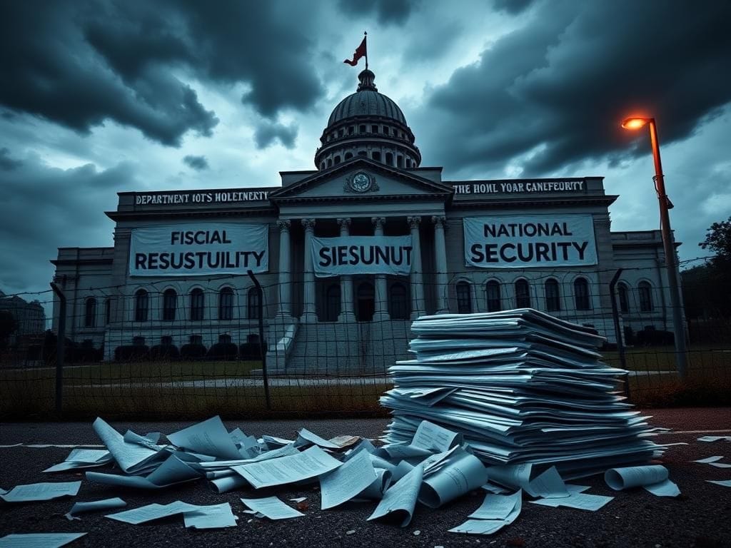 Flick International A dramatic weathered government building symbolizing the Department of Homeland Security with banners on fiscal responsibility and national security.
