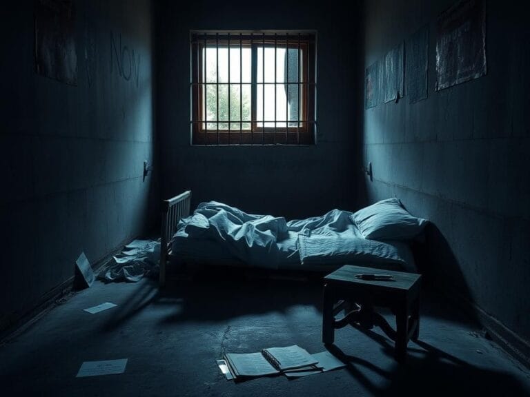 Flick International Dimly lit prison cell with a rusted barred window and overturned bed symbolizing tension