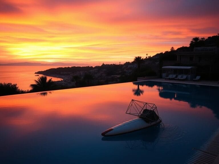 Flick International A serene sunset view of a hotel pool beside an abandoned paraglider in Porto Sant'Elpidio, Italy