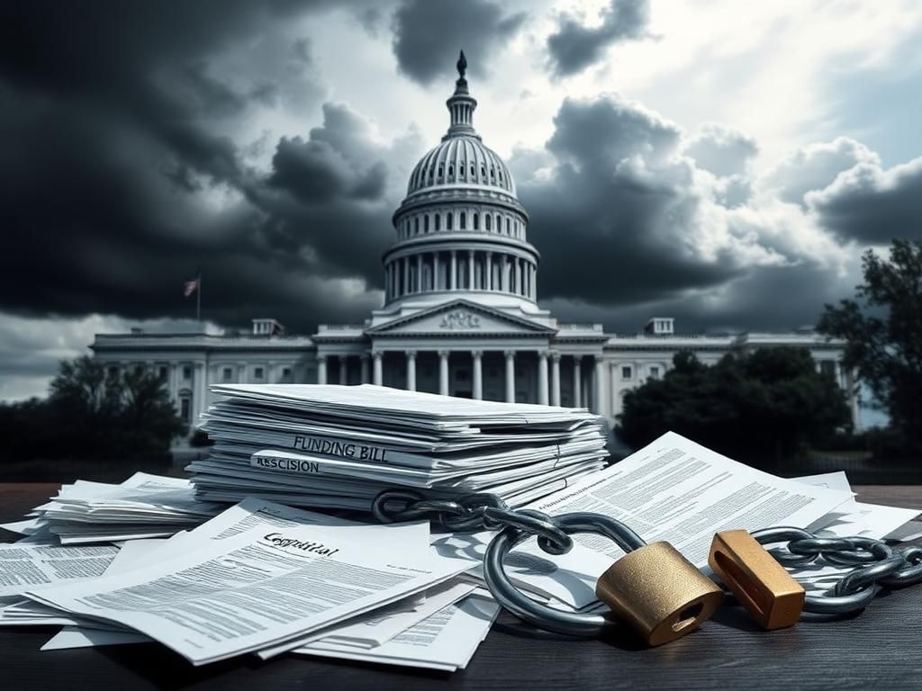 Flick International Dramatic depiction of the U.S. Capitol building surrounded by dark storm clouds, symbolizing government conflict.