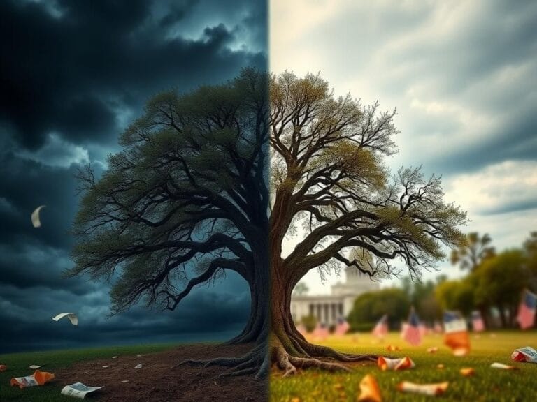 Flick International A split scene showing a dark, stormy sky on one side and a bright, calm sky on the other, symbolizing political tension and hope.