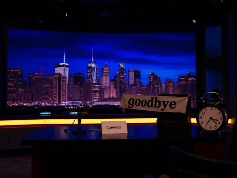 Flick International Dimly lit television studio set featuring an empty late-night desk with microphone and monologue card.