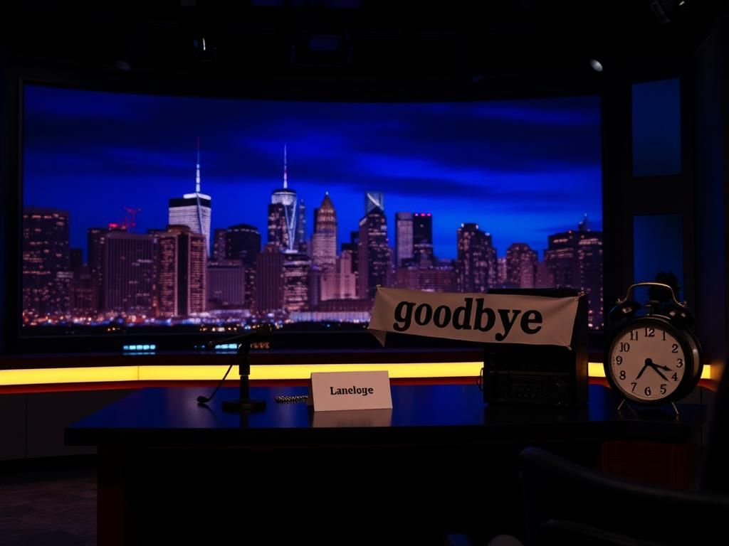 Flick International Dimly lit television studio set featuring an empty late-night desk with microphone and monologue card.