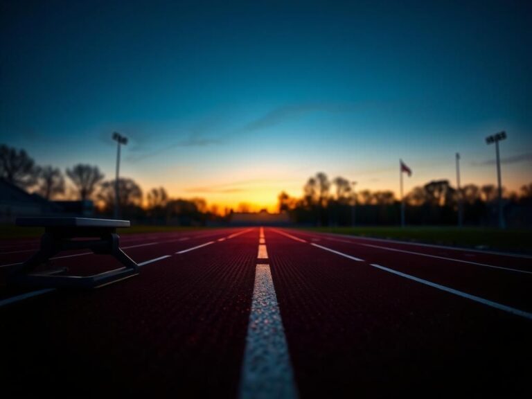 Flick International Empty running track at dusk with starting block silhouette