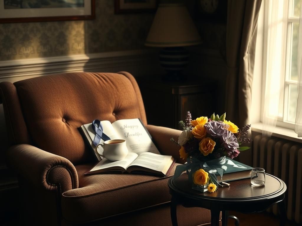 Flick International Cozy living room scene with an armchair and cancer awareness ribbon